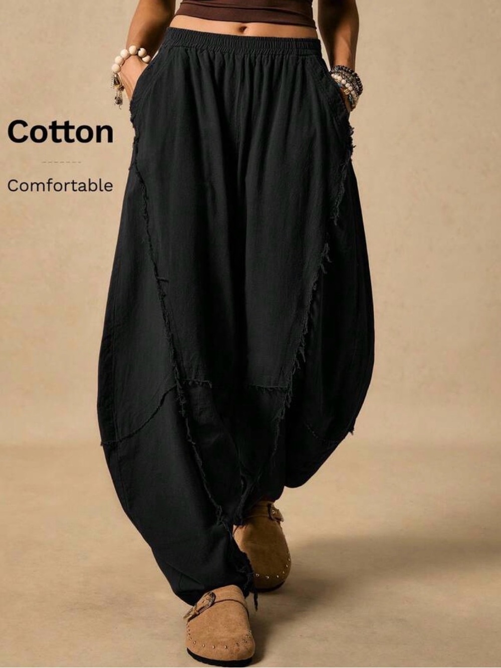 SHEIN Black Cotton Harem Pants - Elastic Waist, Relaxed Fit